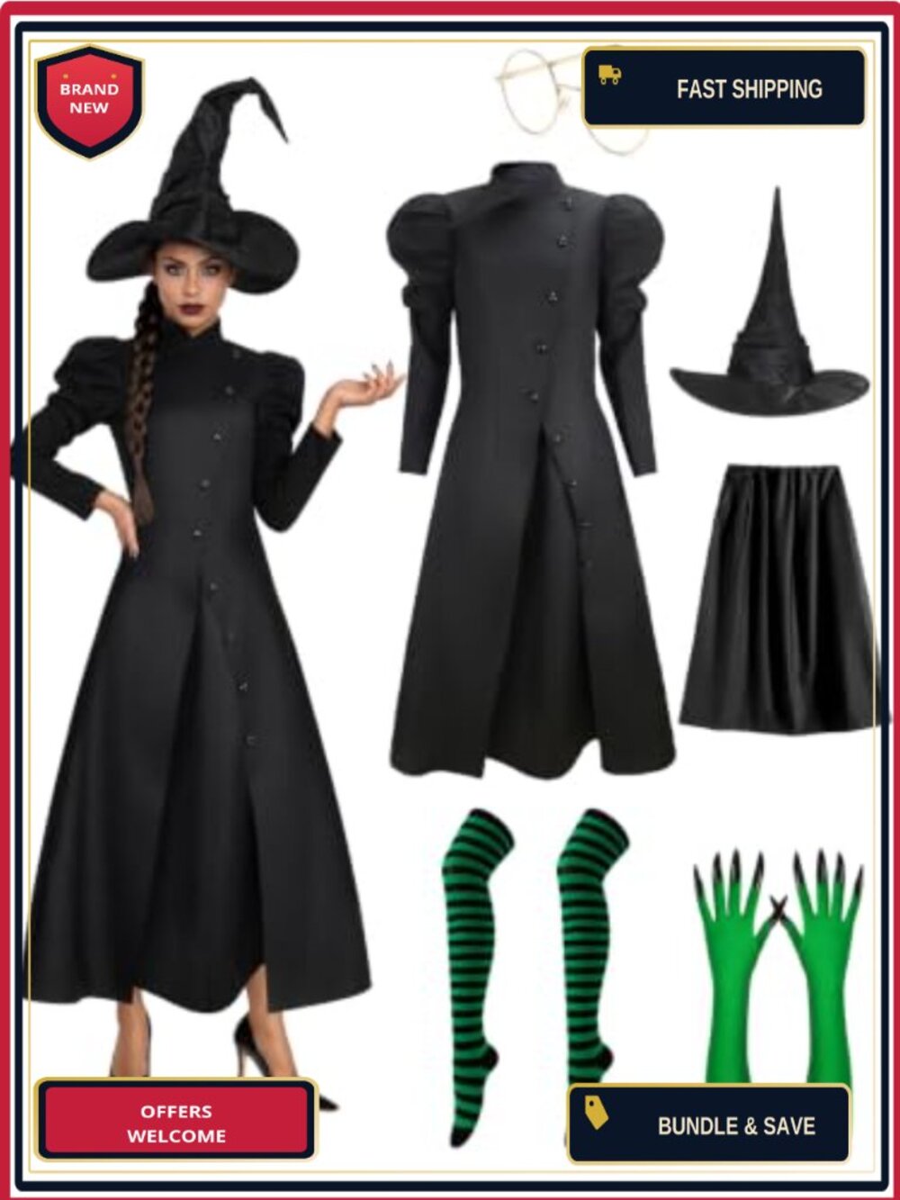 Women's Witch Costume Set Puff Sleeve Jacket Skirt Hat Halloween Party